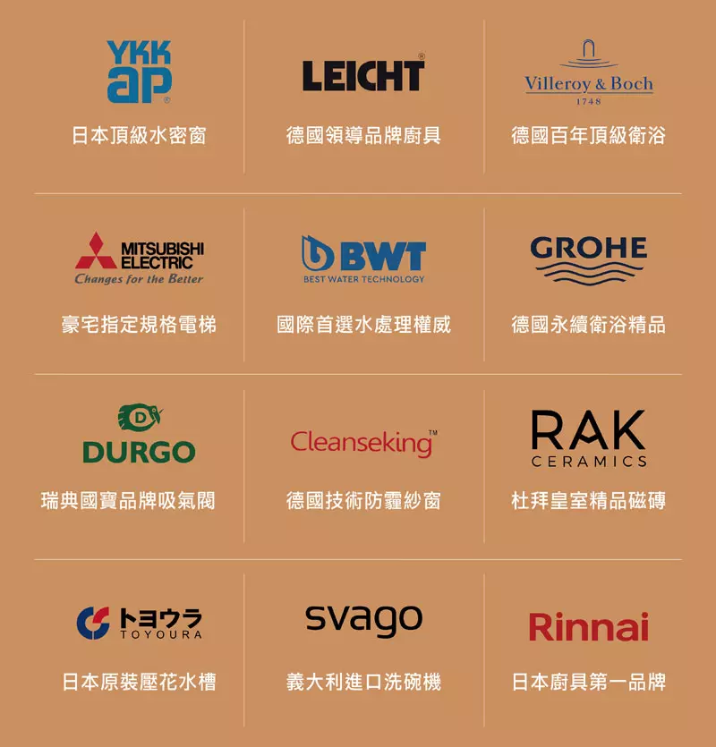 精品建材--YKK AP氣密窗,LEICHT廚具,V&B衛浴,GROHE,三菱電梯,Lamett,樂邁地板,BWT淨水,DURGO吸氣閥,SVAGO洗碗機,Cleanseking防霾紗窗,TOYOURA壓花水槽,林內廚具