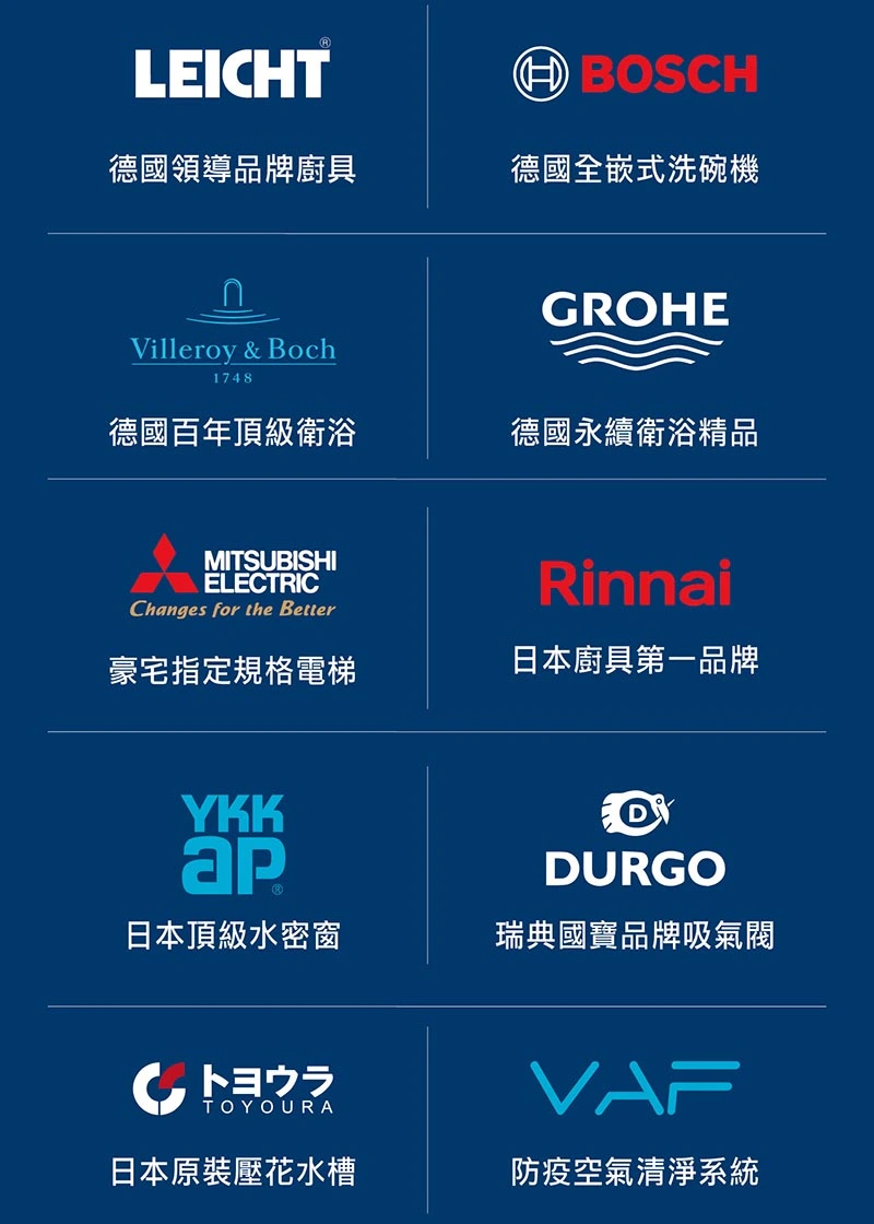 豪奢建材,精品建材,LEICHT衛浴,BOSCH洗碗機,V&B衛浴,GROHE衛浴,三菱電梯,林內廚具,YKK AP水密窗,DURGO 吸氣閥,TOYOURA壓花水槽,VAF防疫空氣清淨系統